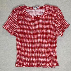 New Love | Red & White Gingham Shirred Short Sleeve Top | Medium